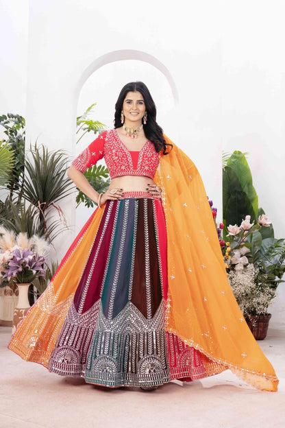 Gorgeous Multicolor Panelled Embroidery Sequence worked Desginer Function Wear Lehenga Set