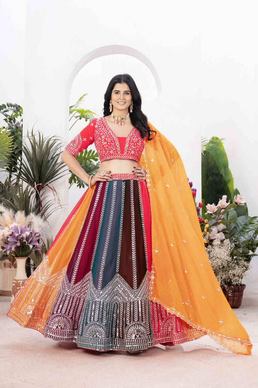 Gorgeous Multicolor Panelled Embroidery Sequence worked Desginer Function Wear Lehenga Set