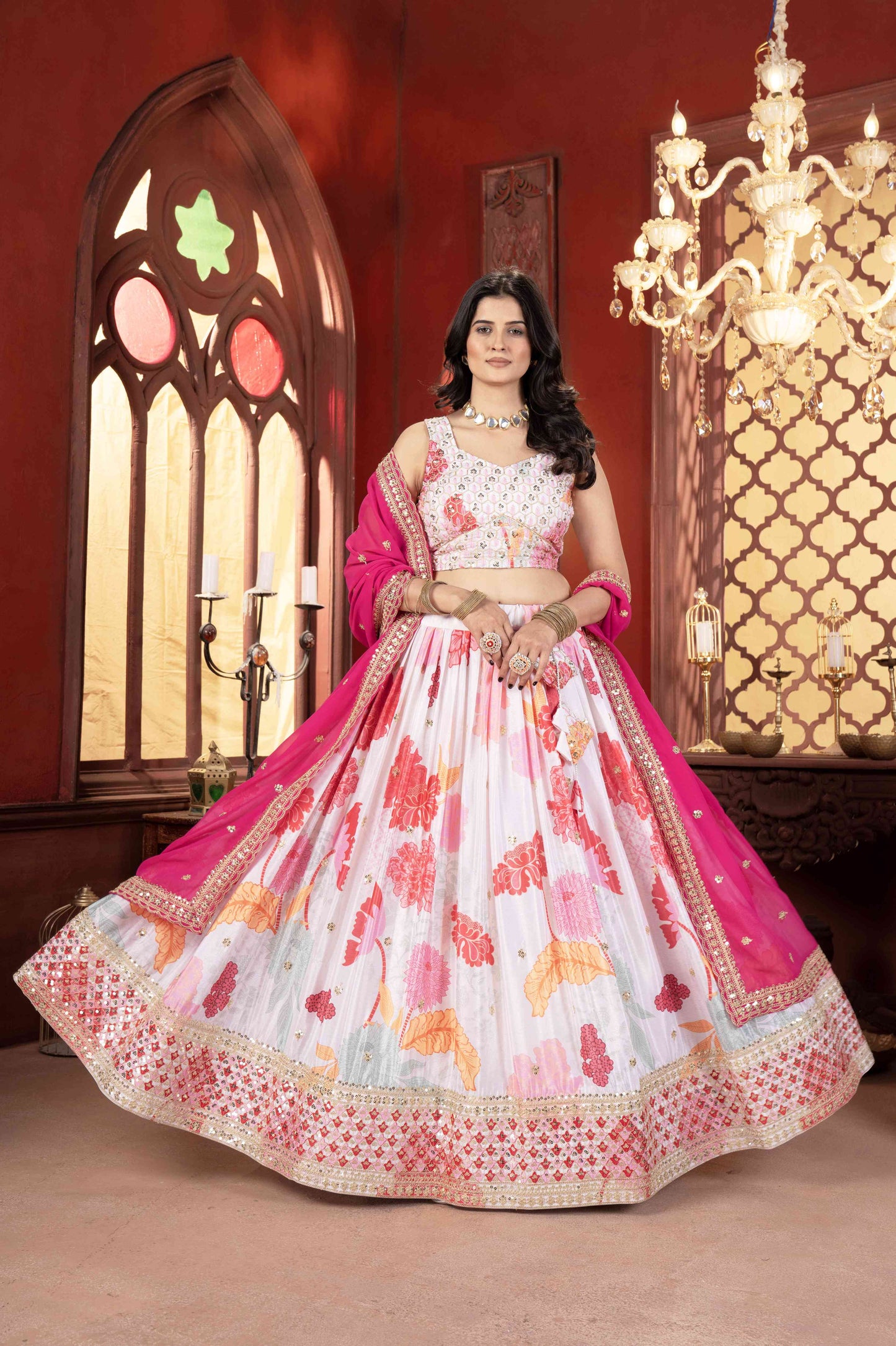 Attractive White Floral Printed Embroidery Sequence Worked Sangit Wear Lehenga Choli & Dupatta
