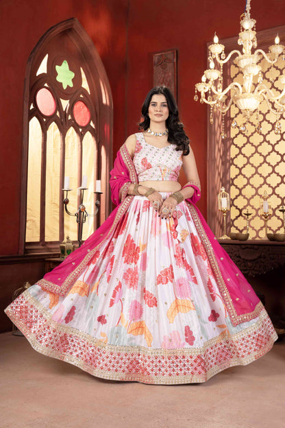 Attractive White Floral Printed Embroidery Sequence Worked Sangit Wear Lehenga Choli & Dupatta