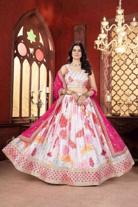 Attractive White Floral Printed Embroidery Sequence Worked Sangit Wear Lehenga Choli & Dupatta