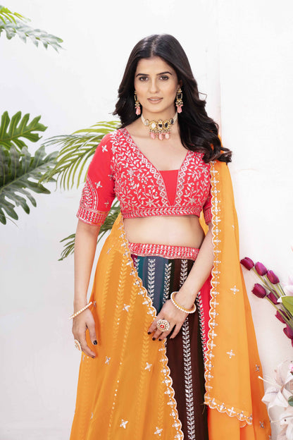 Gorgeous Multicolor Panelled Embroidery Sequence worked Desginer Function Wear Lehenga Set