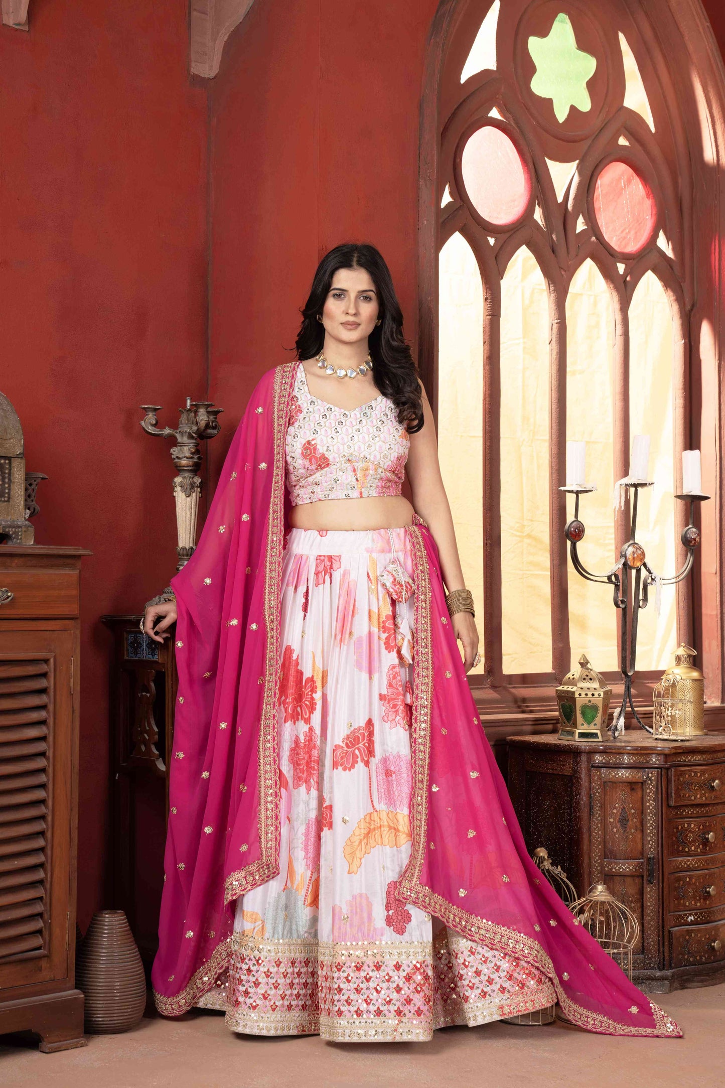 Attractive White Floral Printed Embroidery Sequence Worked Sangit Wear Lehenga Choli & Dupatta