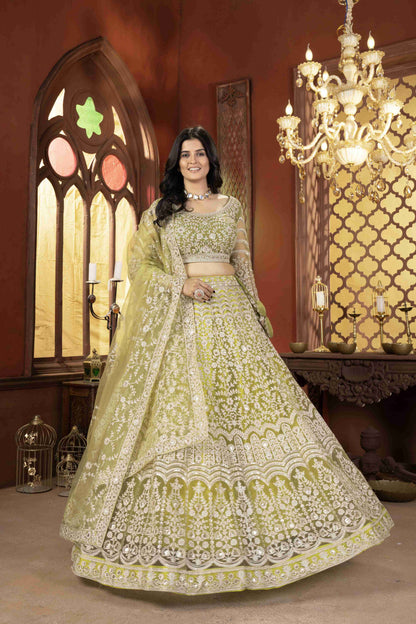 Mesmerizing Olive Green Net Mehndi Wear Embroidered Designer Lehnga Choli With Dupatta