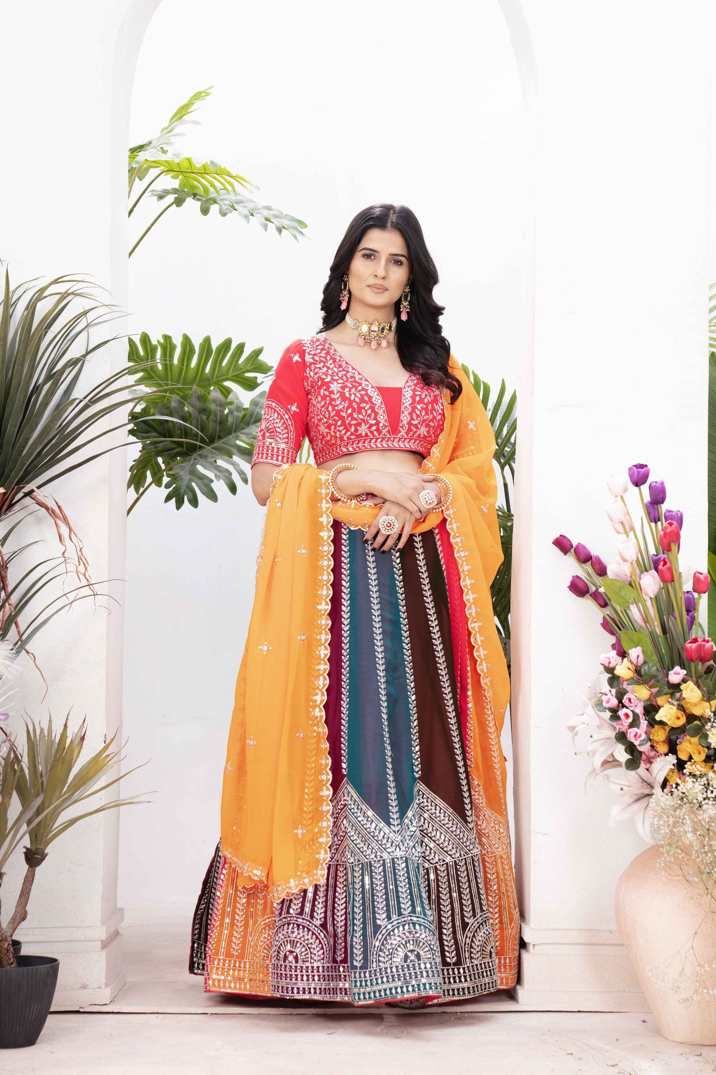 Gorgeous Multicolor Panelled Embroidery Sequence worked Desginer Function Wear Lehenga Set