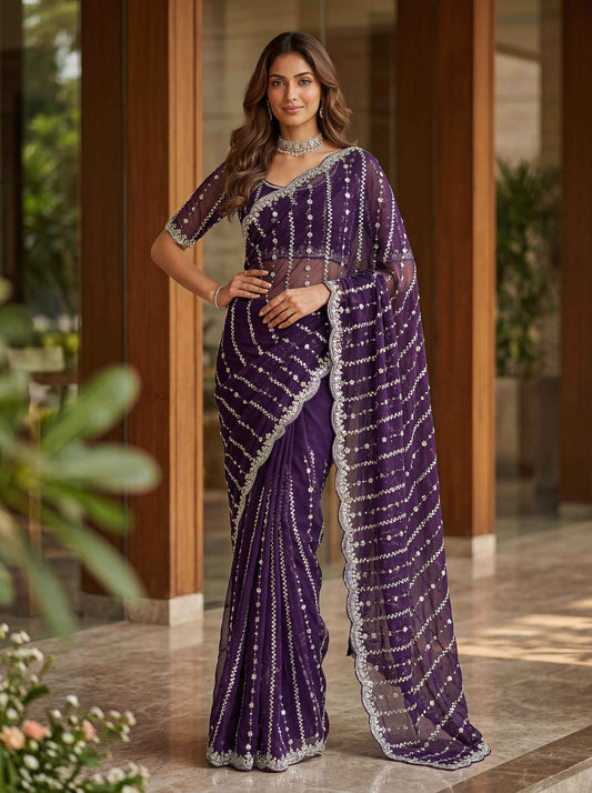 Wine Embellished Beads Designer Saree