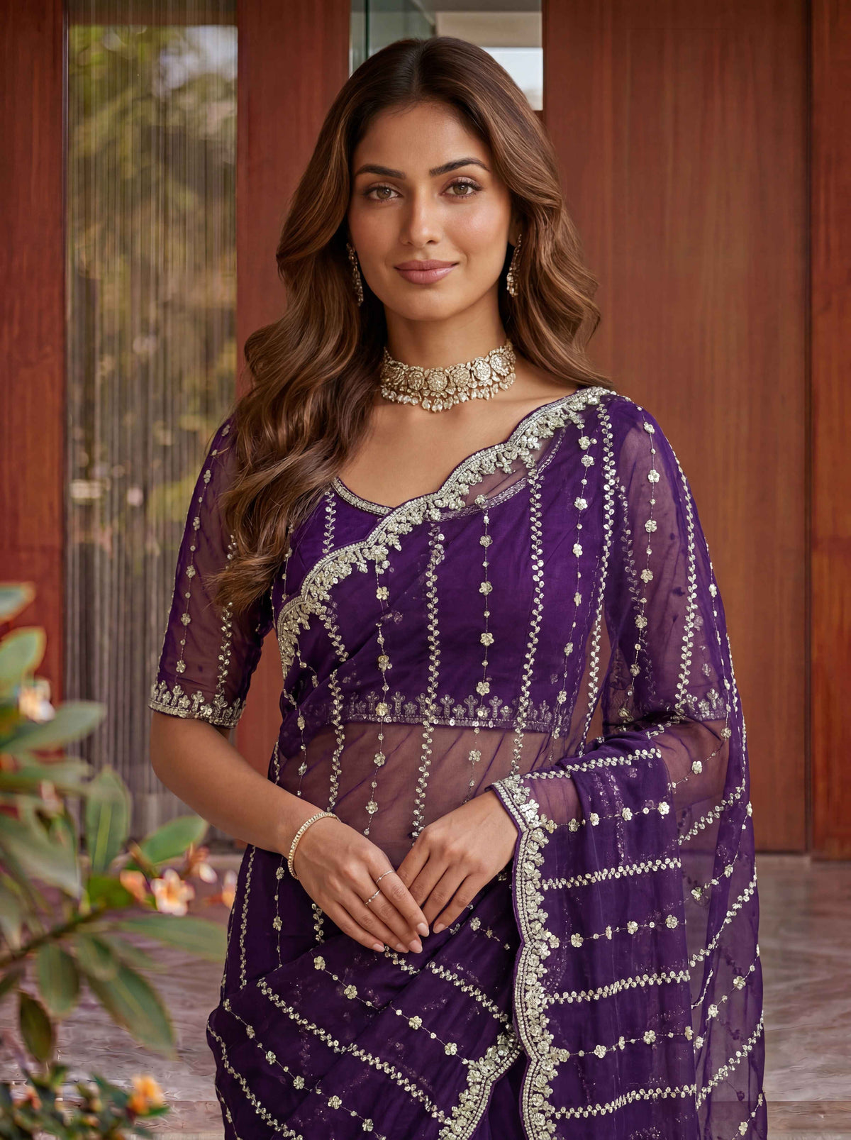 Wine Embellished Beads Designer Saree