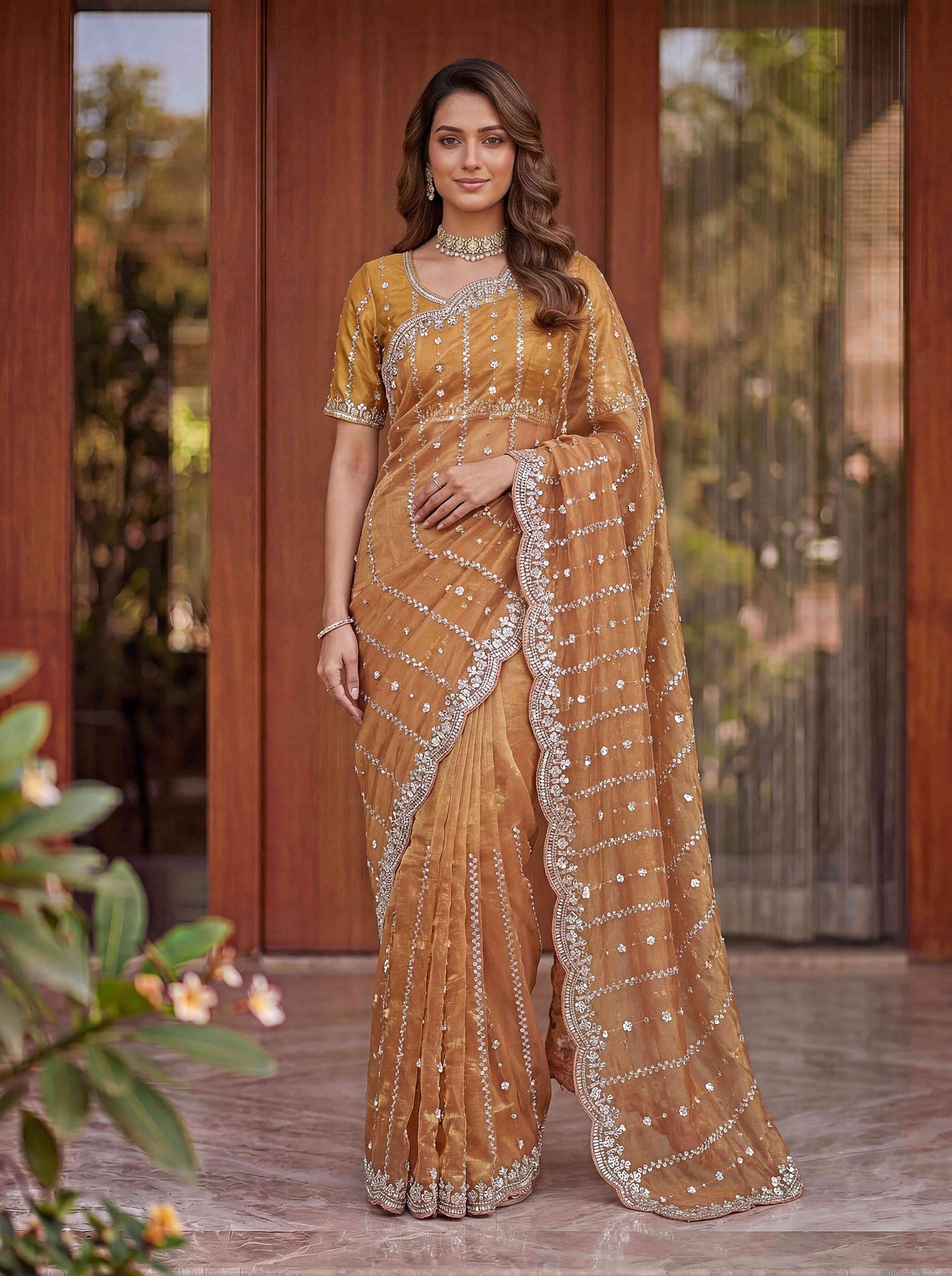 Peach Embellished Beads Designer Saree