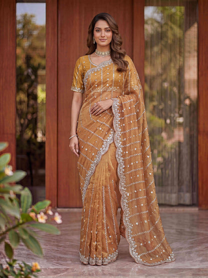 Peach Embellished Beads Designer Saree