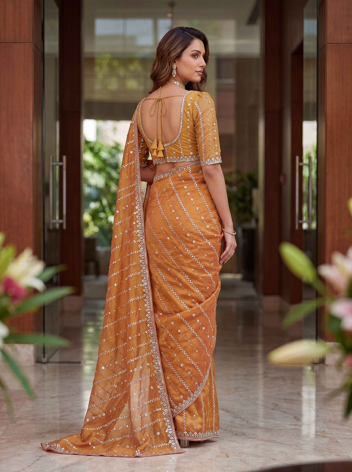 Peach Embellished Beads Designer Saree