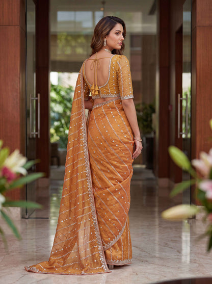 Peach Embellished Beads Designer Saree