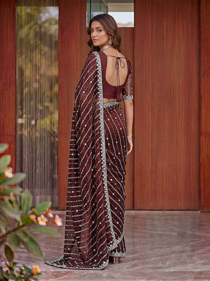 Maroon Embellished Beads Designer Saree