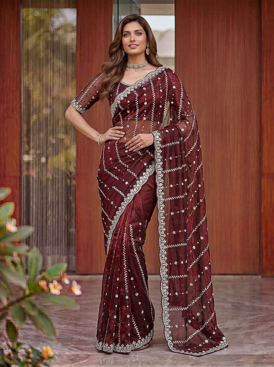 Maroon Embellished Beads Designer Saree