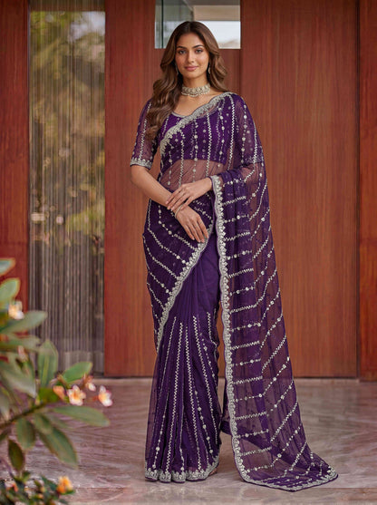 Wine Embellished Beads Designer Saree