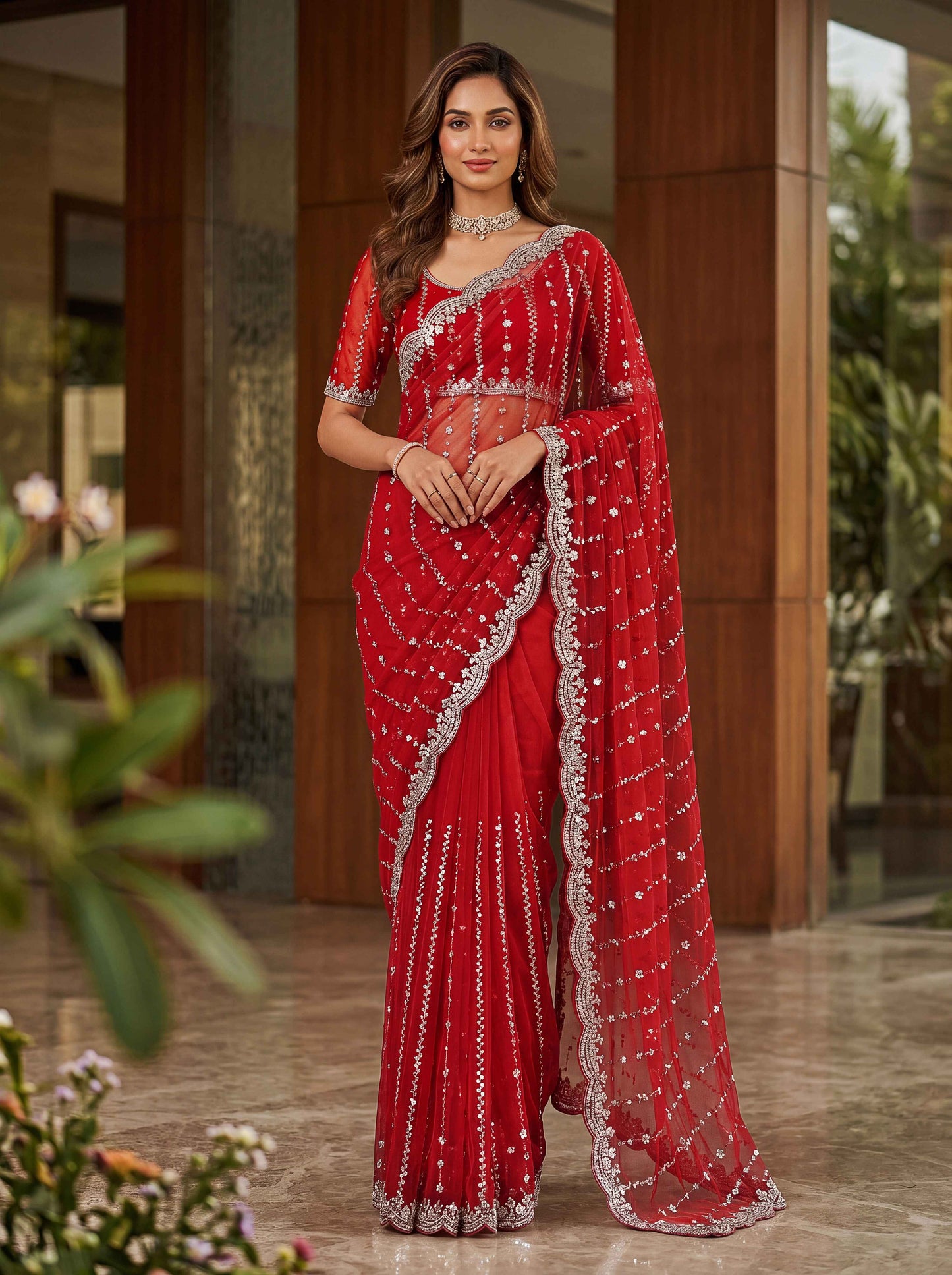 Red Embellished Beads Designer Saree