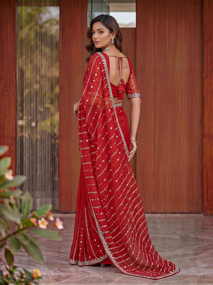 Red Embellished Beads Designer Saree
