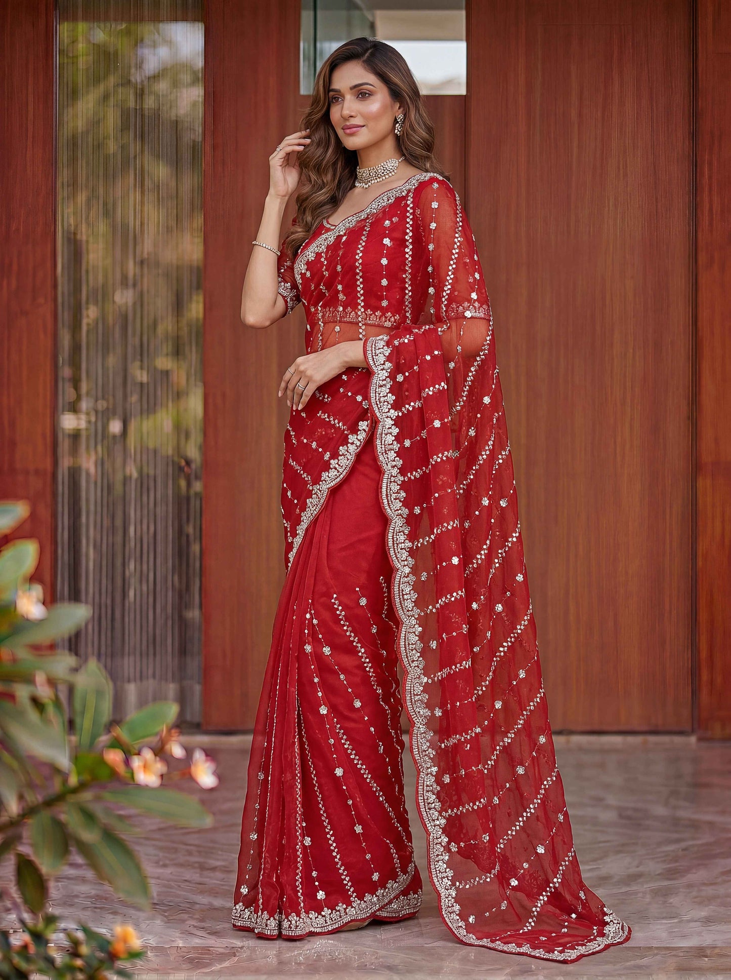 Red Embellished Beads Designer Saree
