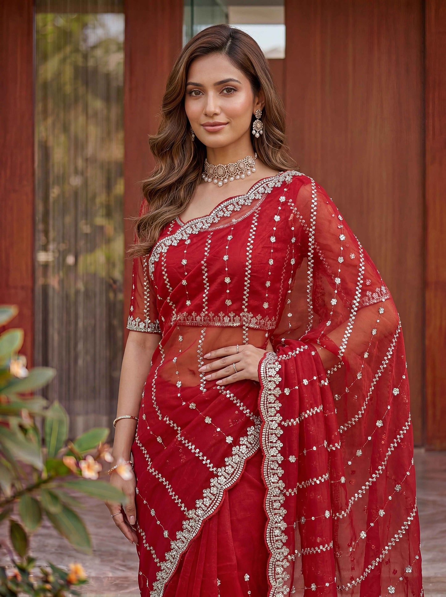 Red Embellished Beads Designer Saree