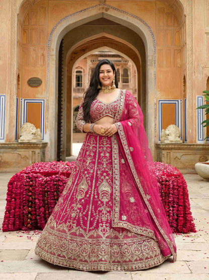 Georgeous Plus Size Hot Pink Sangeet Wear Butterfly Net Royal Lehenga Choli With Dupatta
