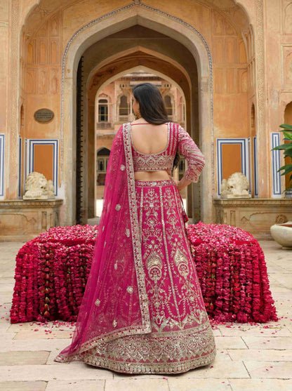Georgeous Plus Size Hot Pink Sangeet Wear Butterfly Net Royal Lehenga Choli With Dupatta