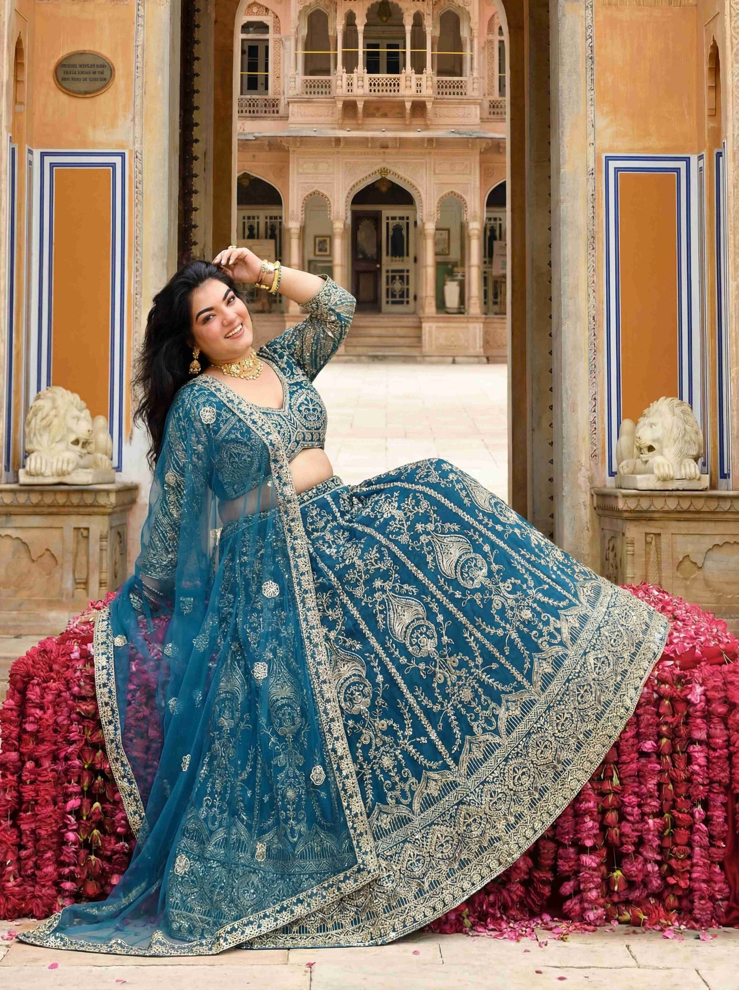 Incredible Plus Size Teal Blue Sangeet Wear Butterfly Net Royal Lehenga Choli With Dupatta