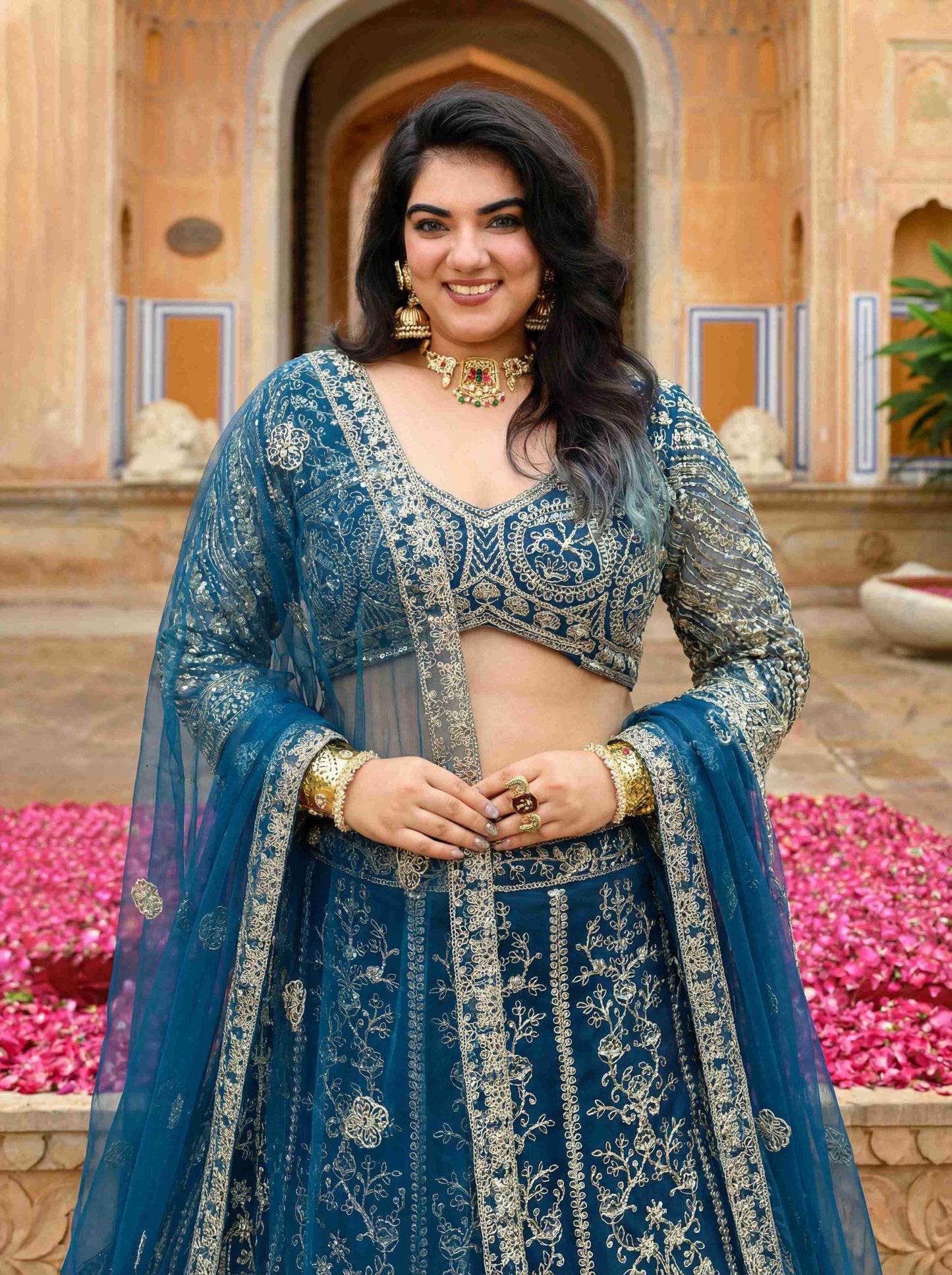 Incredible Plus Size Teal Blue Sangeet Wear Butterfly Net Royal Lehenga Choli With Dupatta