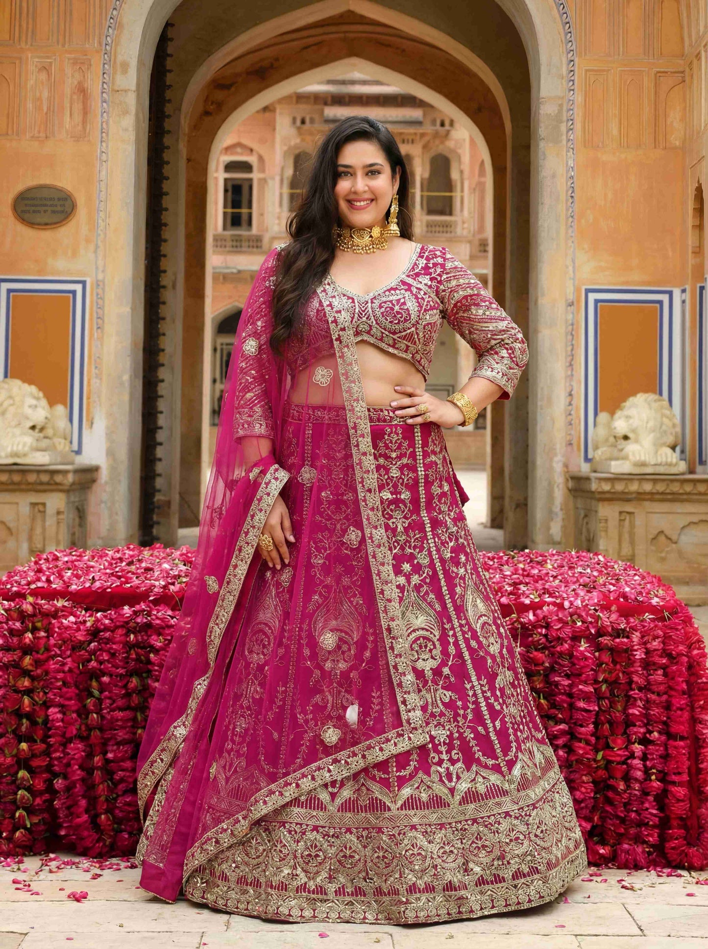 Georgeous Plus Size Hot Pink Sangeet Wear Butterfly Net Royal Lehenga Choli With Dupatta