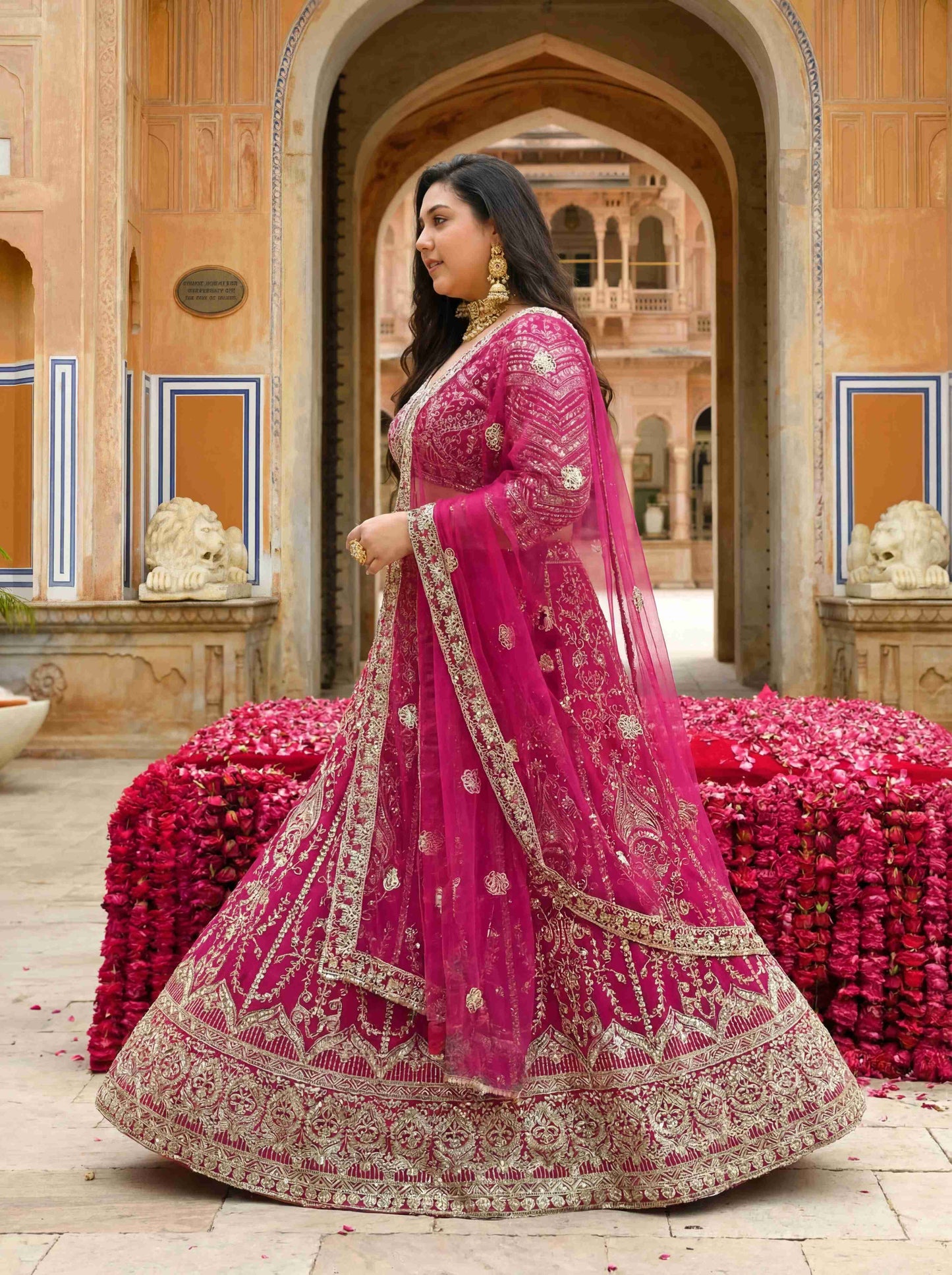 Georgeous Plus Size Hot Pink Sangeet Wear Butterfly Net Royal Lehenga Choli With Dupatta