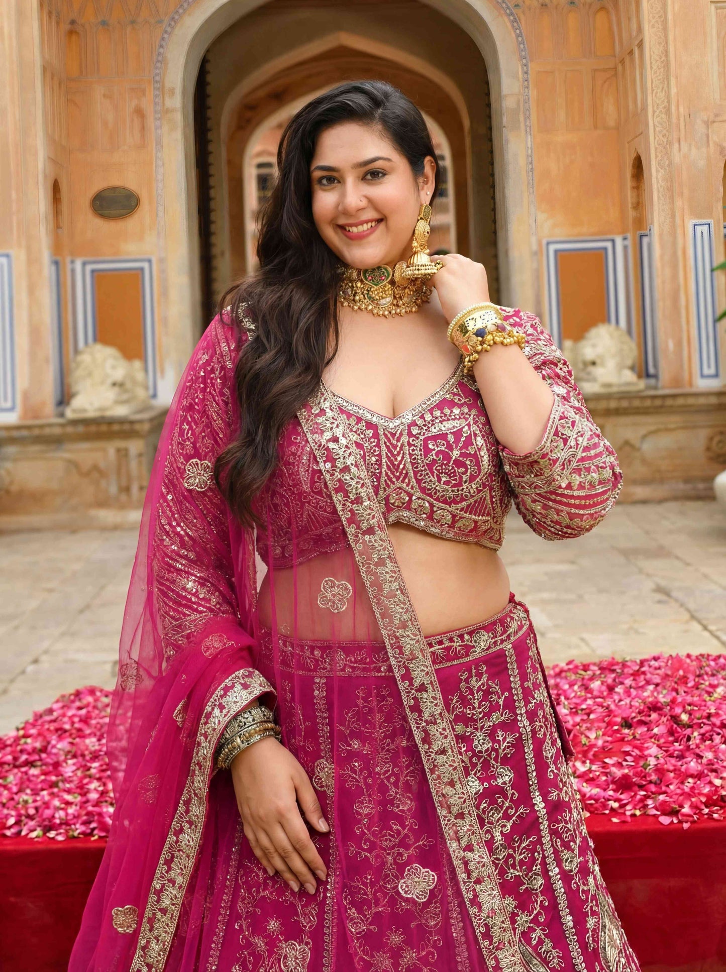 Georgeous Plus Size Hot Pink Sangeet Wear Butterfly Net Royal Lehenga Choli With Dupatta