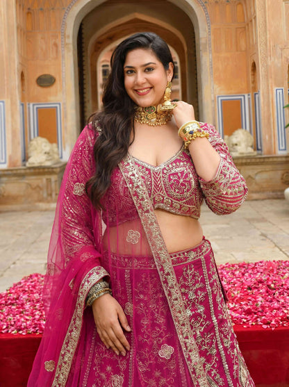 Georgeous Plus Size Hot Pink Sangeet Wear Butterfly Net Royal Lehenga Choli With Dupatta