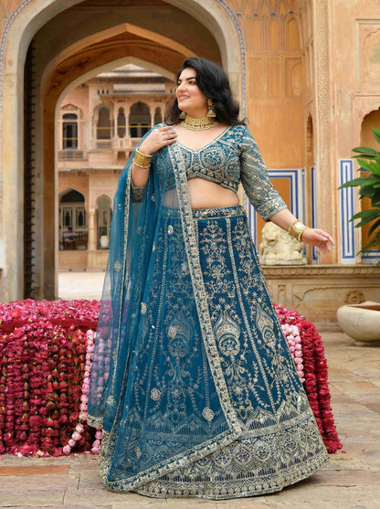 Incredible Plus Size Teal Blue Sangeet Wear Butterfly Net Royal Lehenga Choli With Dupatta
