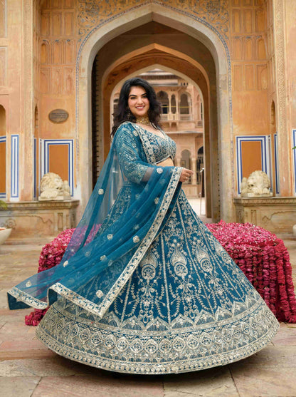 Incredible Plus Size Teal Blue Sangeet Wear Butterfly Net Royal Lehenga Choli With Dupatta