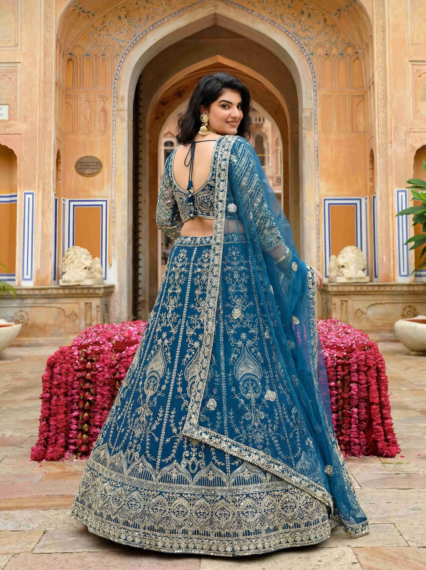 Incredible Plus Size Teal Blue Sangeet Wear Butterfly Net Royal Lehenga Choli With Dupatta