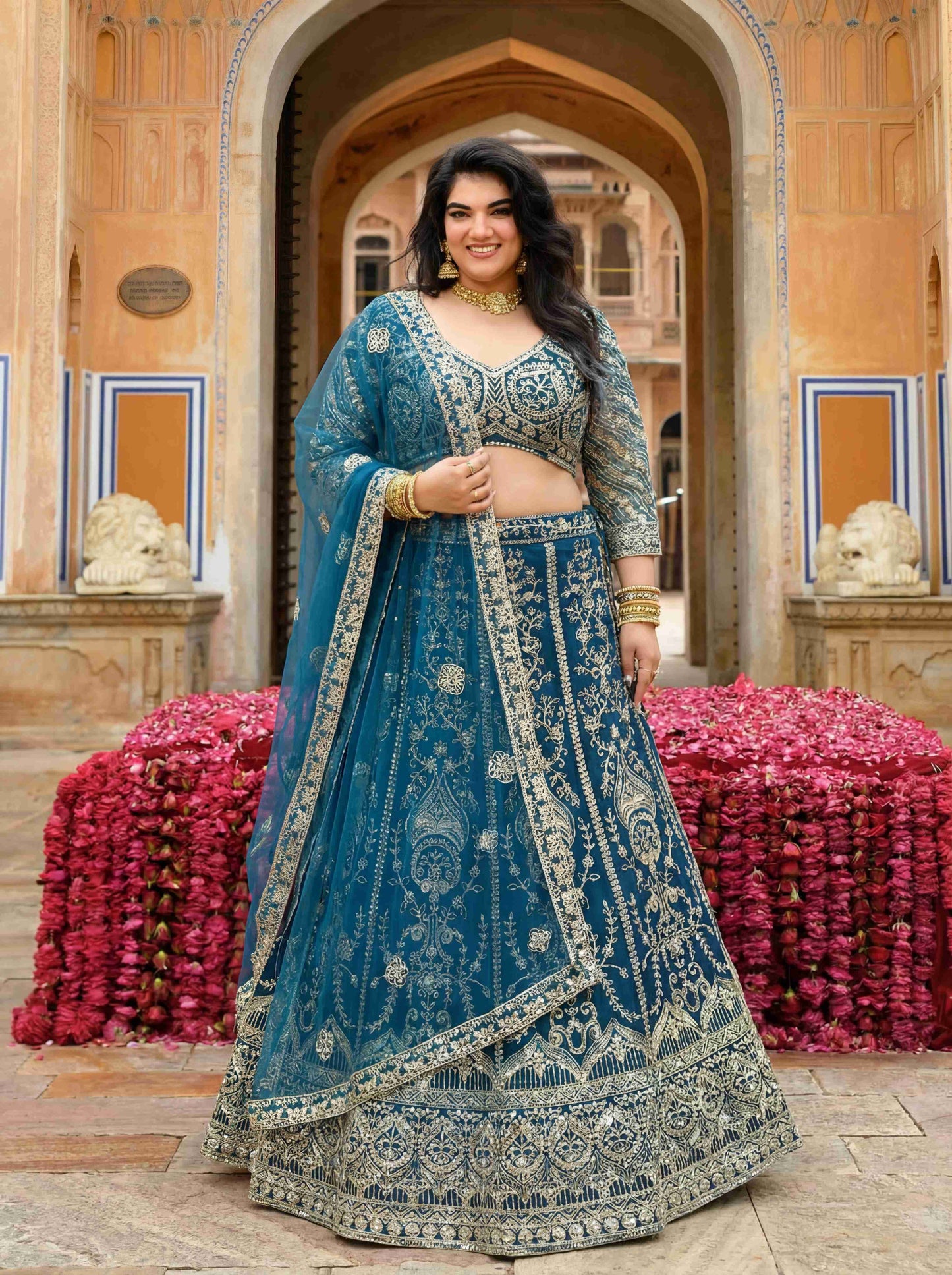 Incredible Plus Size Teal Blue Sangeet Wear Butterfly Net Royal Lehenga Choli With Dupatta