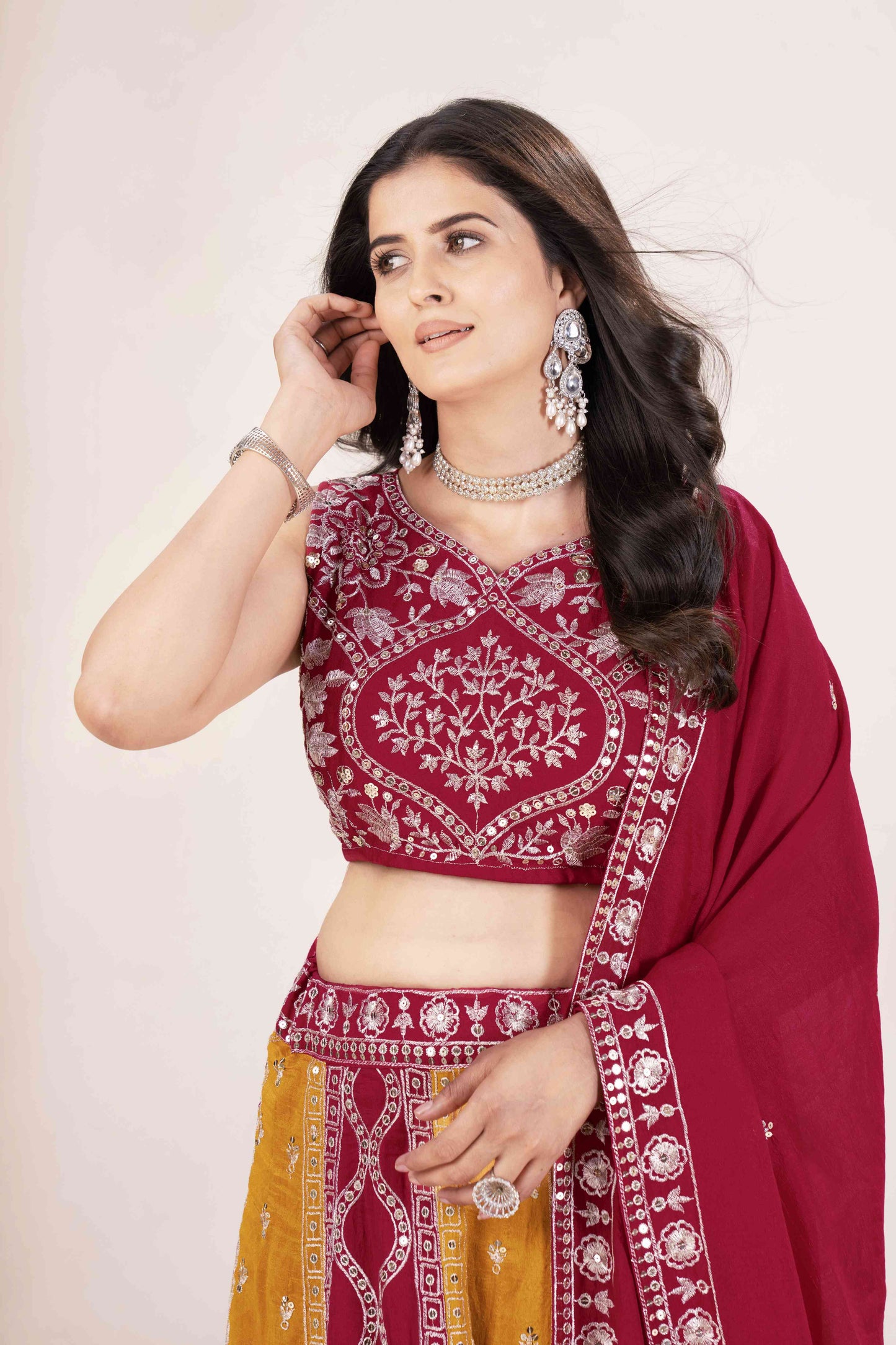 Radaiont Charm Vichitra Silk Mustard Haldi Wear Embroidery Designer Lehnega Choli With Dupatta