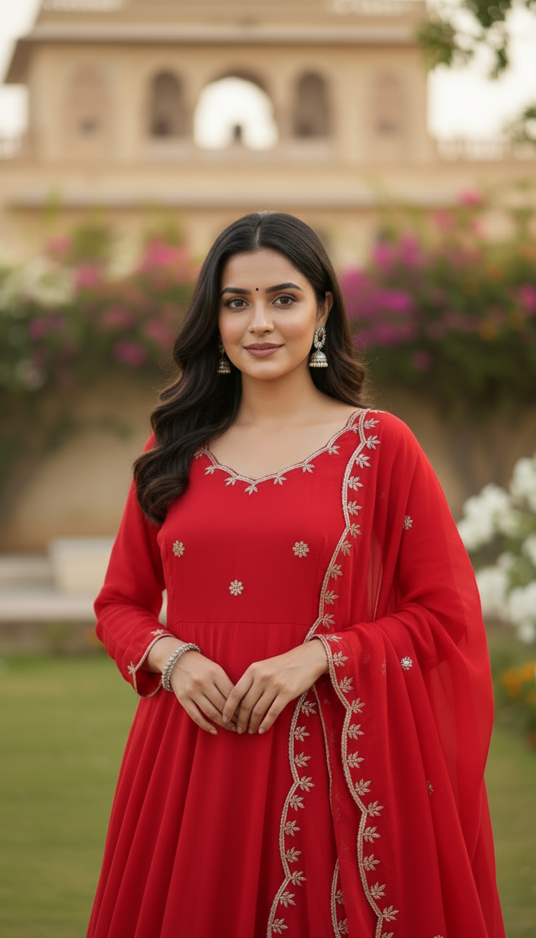Timeless Red Embroidery Sequence Designer Traditional Wear Anarkali Gown Pant With Dupatta