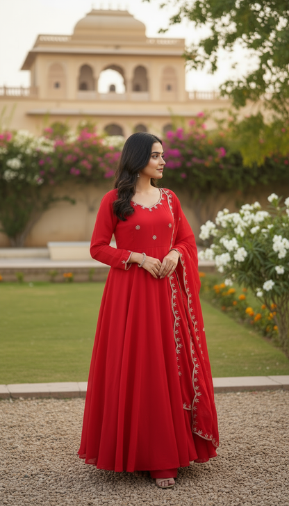 Timeless Red Embroidery Sequence Designer Traditional Wear Anarkali Gown Pant With Dupatta