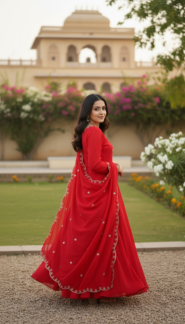 Timeless Red Embroidery Sequence Designer Traditional Wear Anarkali Gown Pant With Dupatta