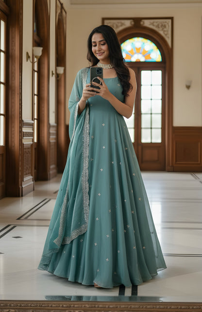 Charming Sea Green Embroidery Sequence Designer Festival Wear Anarkali Gown Pant With Dupa