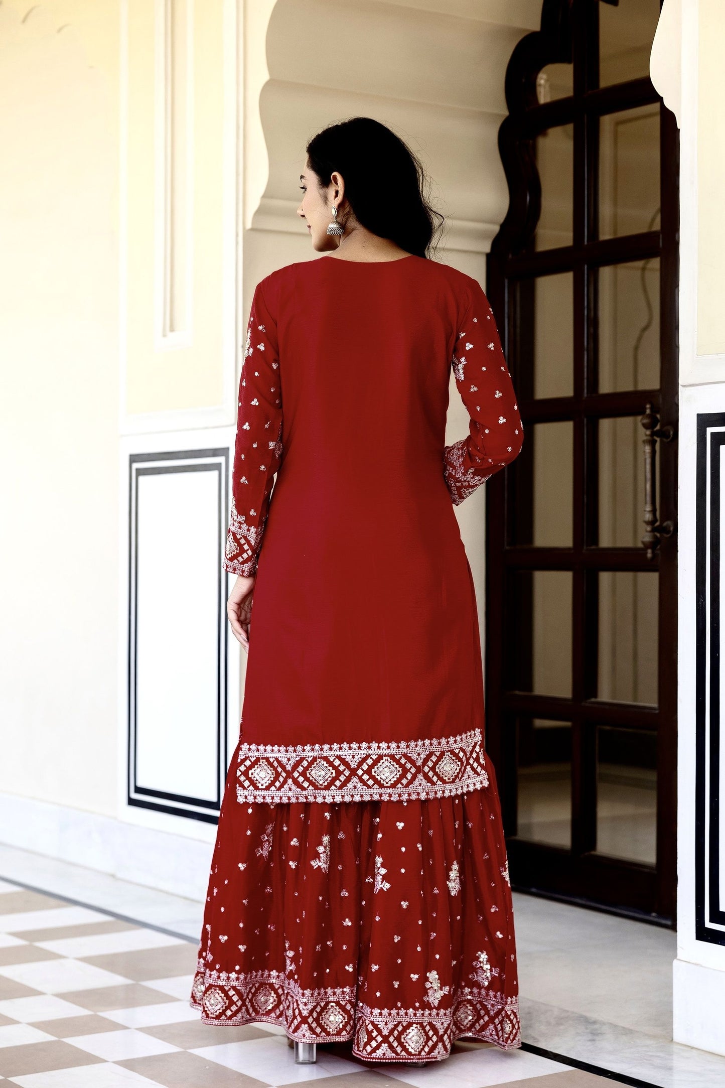 Vibrant Maroon Chinon Embroidery Sequence Wedding Wear Sharara Suit With Dupatta