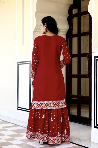 Vibrant Maroon Chinon Embroidery Sequence Wedding Wear Sharara Suit With Dupatta