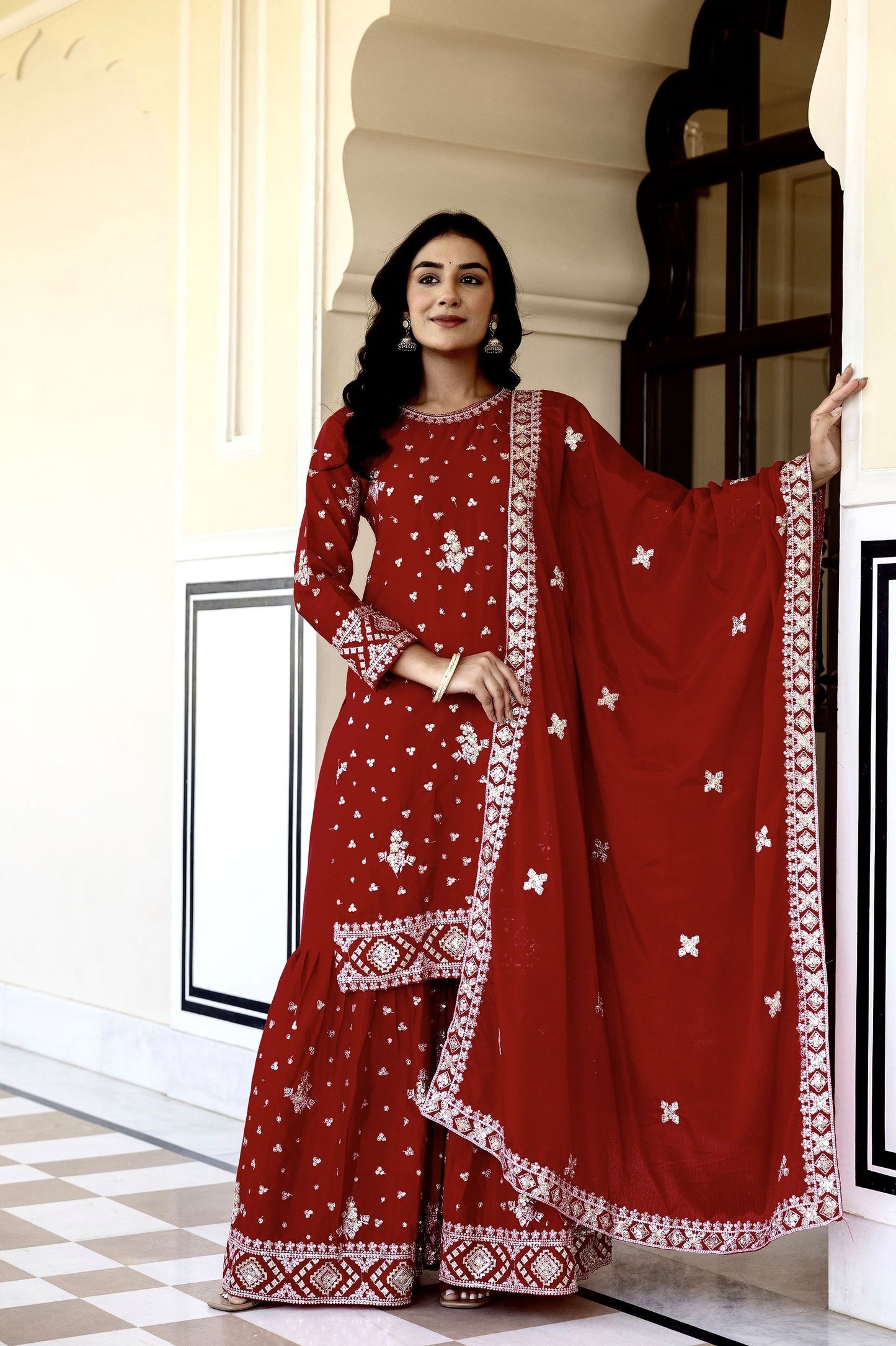 Vibrant Maroon Chinon Embroidery Sequence Wedding Wear Sharara Suit With Dupatta