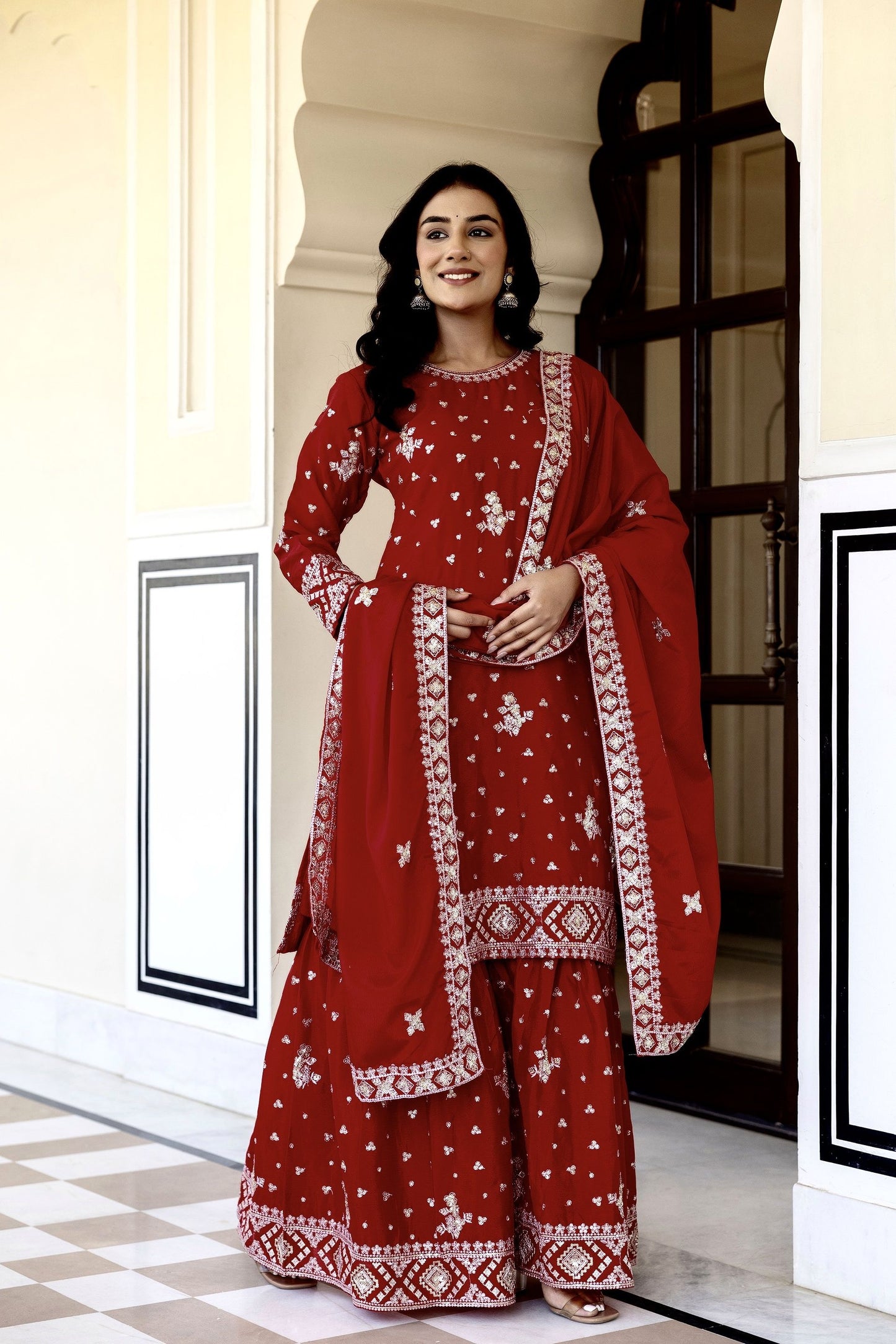 Vibrant Maroon Chinon Embroidery Sequence Wedding Wear Sharara Suit With Dupatta