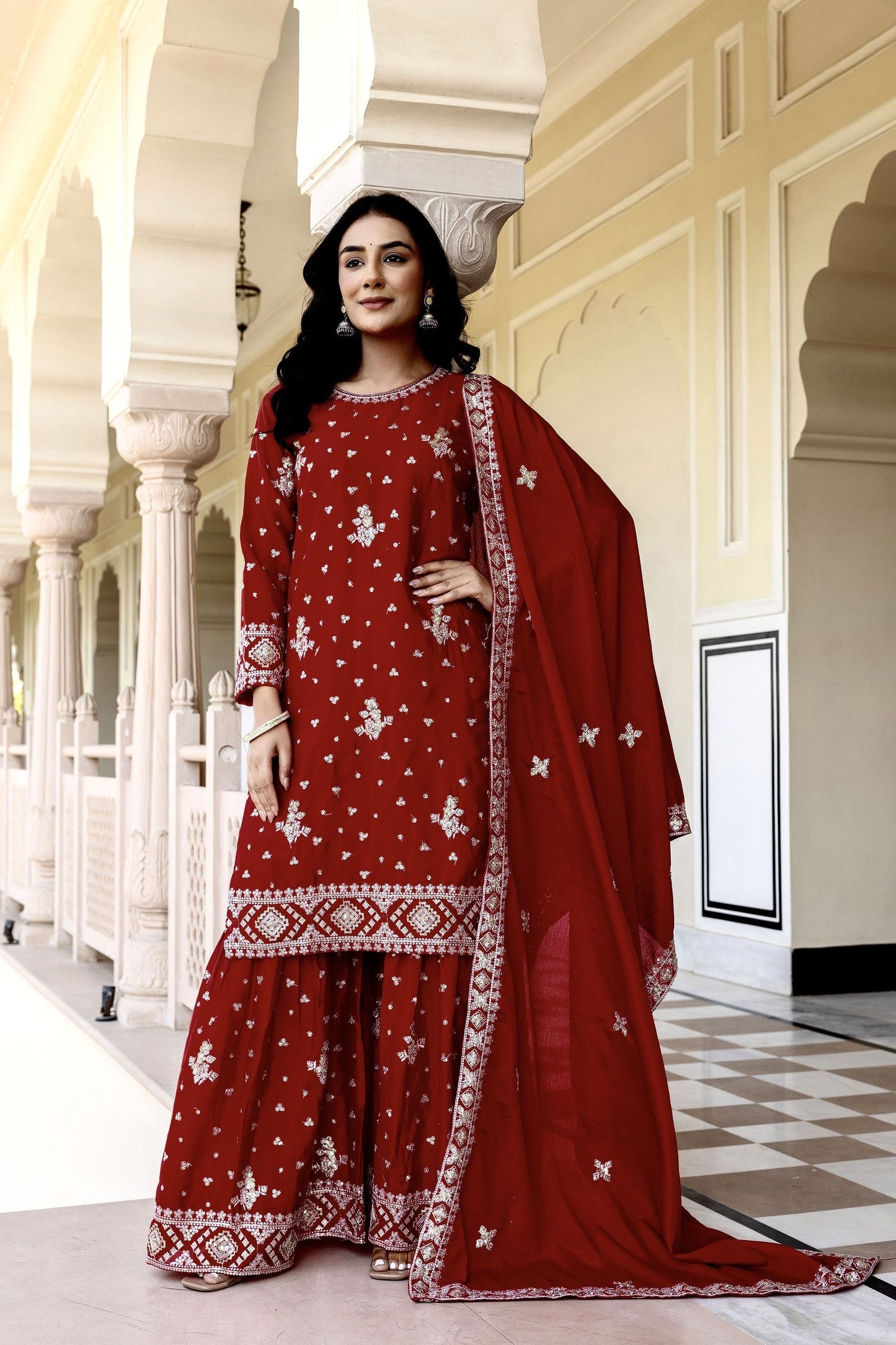 Vibrant Maroon Chinon Embroidery Sequence Wedding Wear Sharara Suit With Dupatta