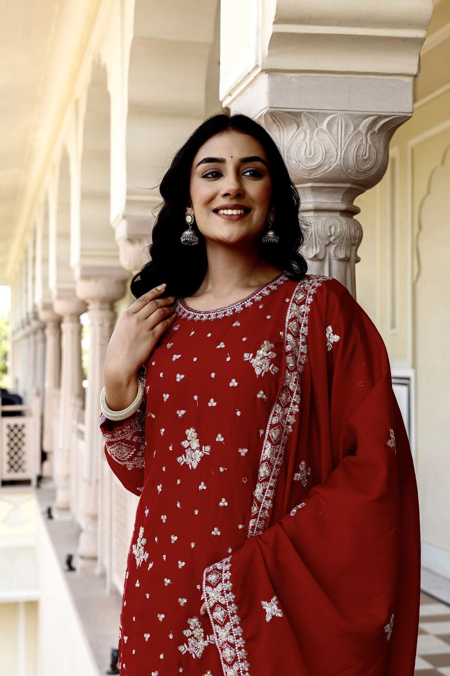 Vibrant Maroon Chinon Embroidery Sequence Wedding Wear Sharara Suit With Dupatta