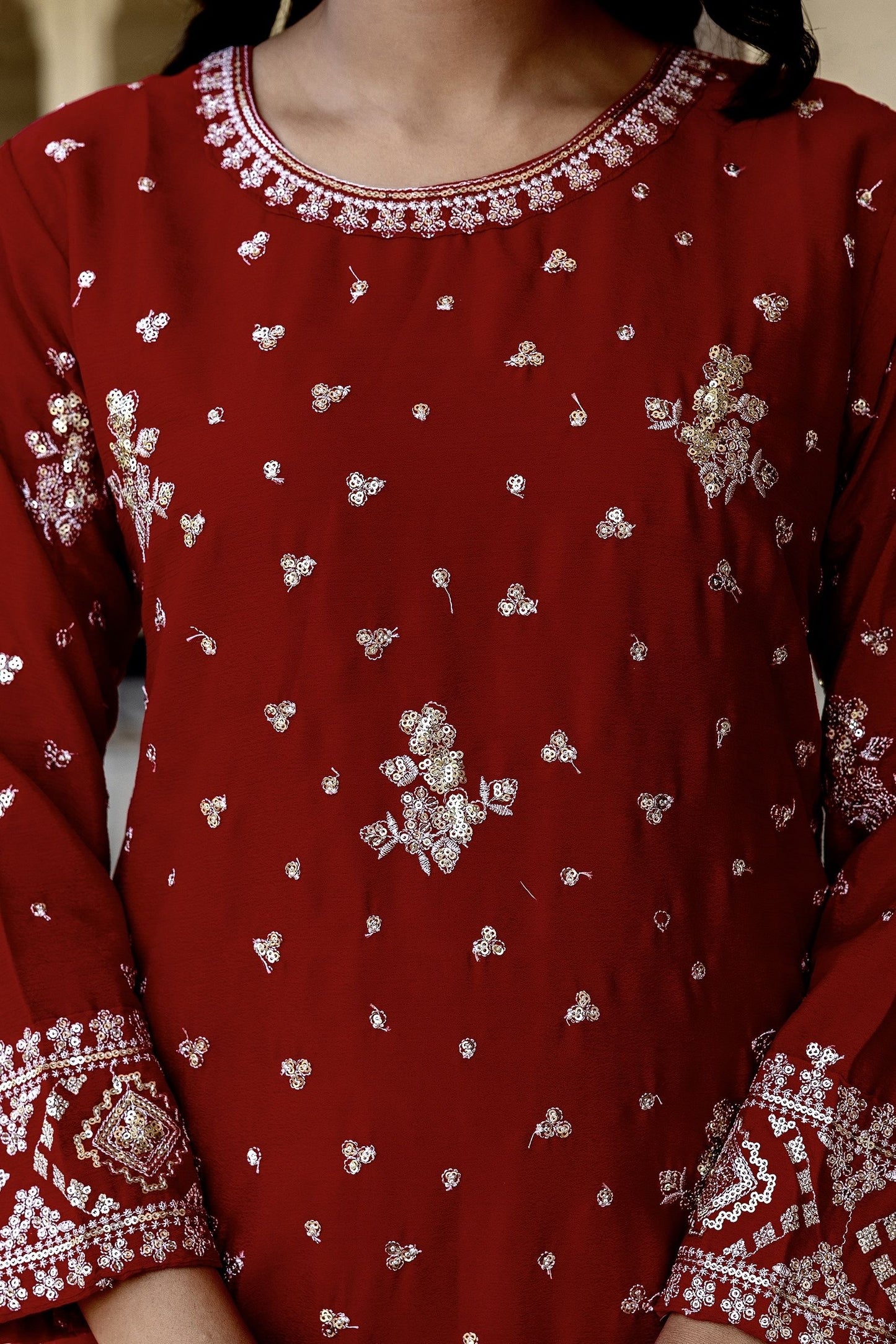 Vibrant Maroon Chinon Embroidery Sequence Wedding Wear Sharara Suit With Dupatta