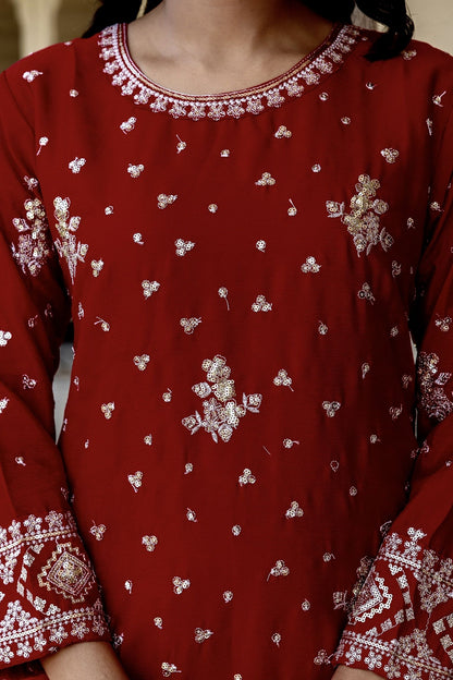 Vibrant Maroon Chinon Embroidery Sequence Wedding Wear Sharara Suit With Dupatta