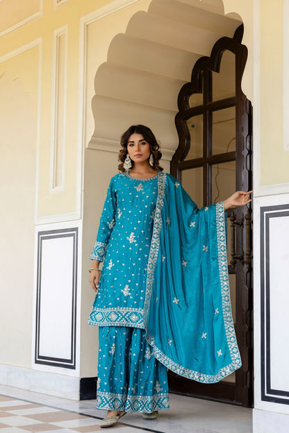 Incredible Teal Blue Chinon Embroidery Sequence Party Wear Sharara Suit With Dupatta