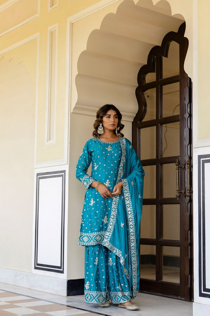 Incredible Teal Blue Chinon Embroidery Sequence Party Wear Sharara Suit With Dupatta
