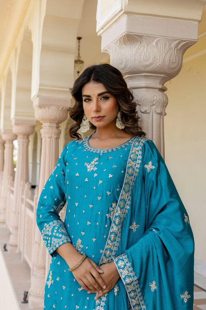 Incredible Teal Blue Chinon Embroidery Sequence Party Wear Sharara Suit With Dupatta